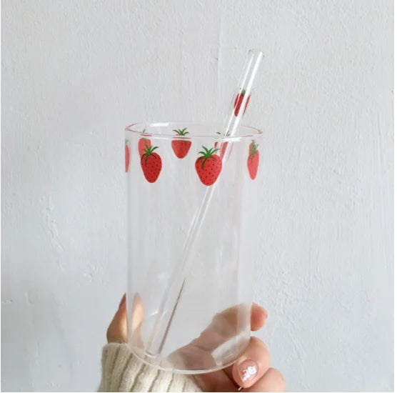 300ml Strawberry Cute Glass Cup With Straw Creative Transparent Water Cup Student Milk Heat Resistant Glass Nana