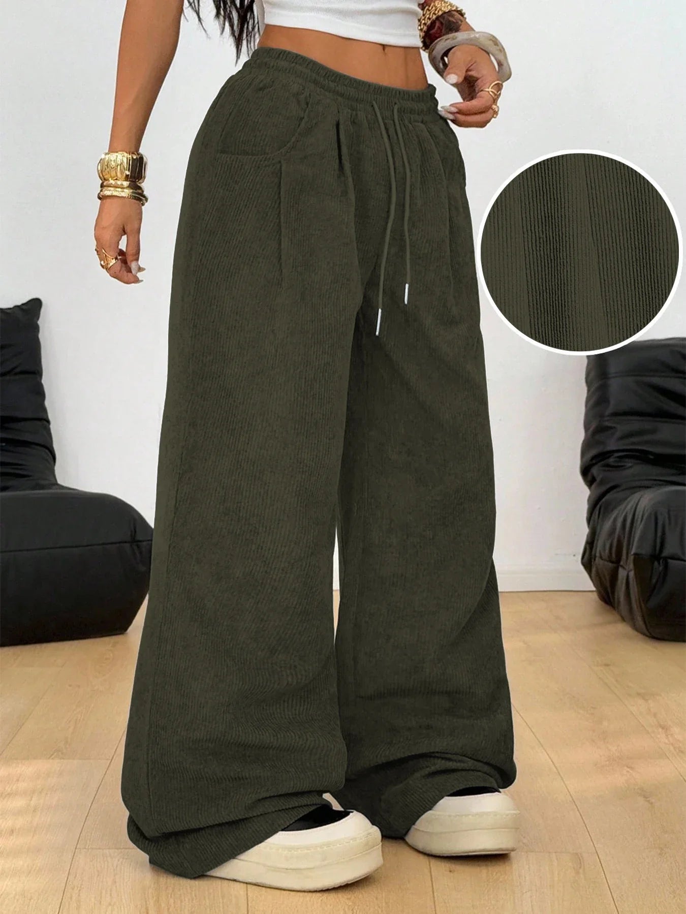 Retro Corduroy Cargo Pants Casual Drawstring Straight Sports Pants Drape Daily Commuting Wide Leg Pants