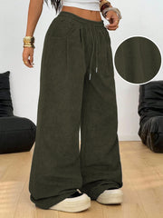 Retro Corduroy Cargo Pants Casual Drawstring Straight Sports Pants Drape Daily Commuting Wide Leg Pants