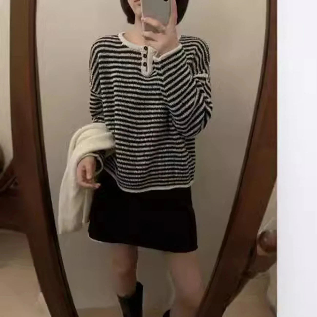 RR Korean Casual Sweaters Loose Striped Sweater Elegant Pullover O Neck Sweaters Ladies