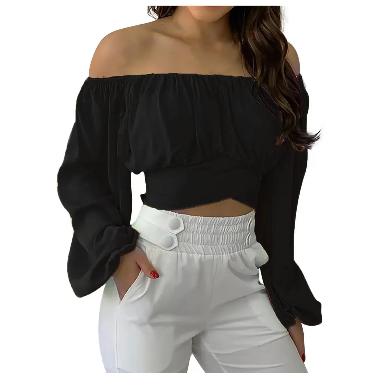 Off Shoulder Shirts Puff Long Sleeve Y2K Crop Tops Clothes Black White Blouse Bandage Elegant Shirt