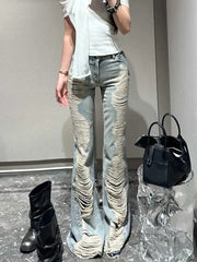 Goblin Core Abi Grunge Cyber Punk Flare Jean Y2k Japanese Harajuku Low Rise Ripped Denim Pants 2000s Bell-Bottom
