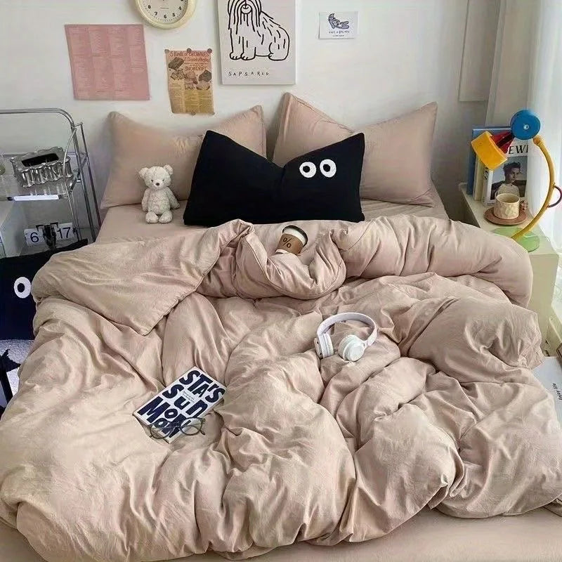 Cute Duvet Cover Set with Sheet Pillowcase No Filler Warm Solid Color Bed Linen Full Queen Size Korean Big Eyes Home Bedding Set