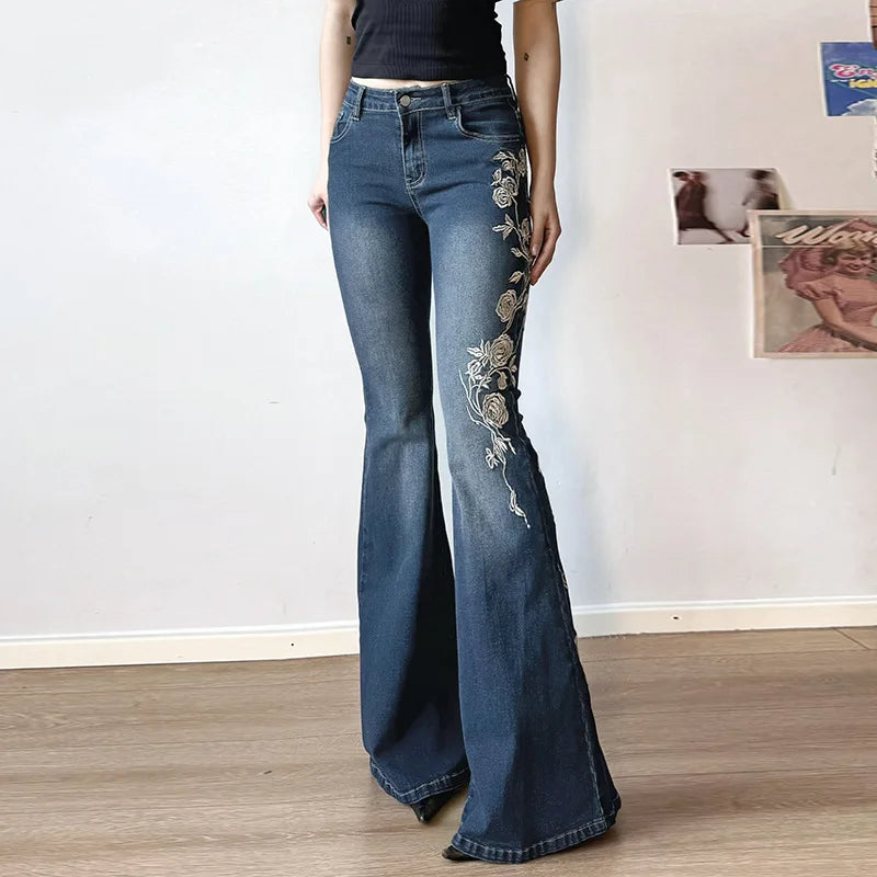 Flare Pants Jeans Embroidery Boot Cut Low Waist Washed Distressed Pockets Floor Length Streetwear Denim Trousers