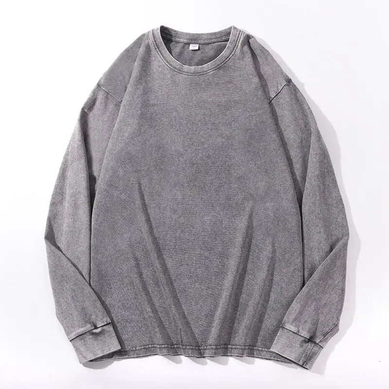 Plus Size Washed Pure Cotton Long Sleeve T-Shirt European Style Oversized round Neck Big Size