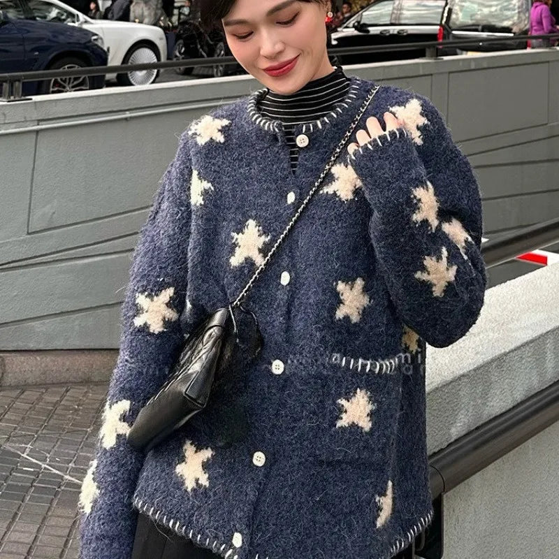Vintage Star Knitted Cardigan Harajuku Print Sweater Outerwears Korean Long Sleeve Knitwears Ladies Casual Jumpers