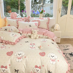 Cartoon Washed Cotton Bed Sheet Four-piece Set Non-cotton Thickened Brushed Quilt Cover Bed Skirt Style Princess Style Bedroom