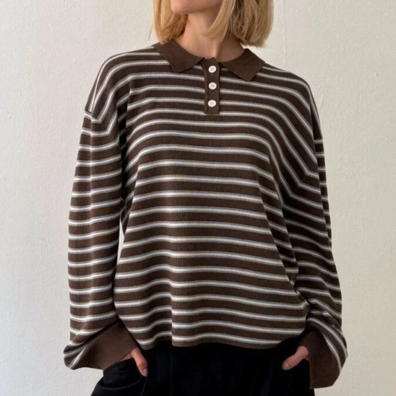 y2k Vintage Rib Knitted Striped Collared Sweater Loose Long Sleeve Pullover Knit Tops Casual Sweatirt Clothes