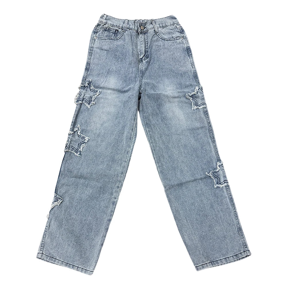 Star Embroidery Straight Casual Jeans Gothic Neutral Wide Leg Loose Hip-hop Youth Streetwear Denim Trousers Y2K