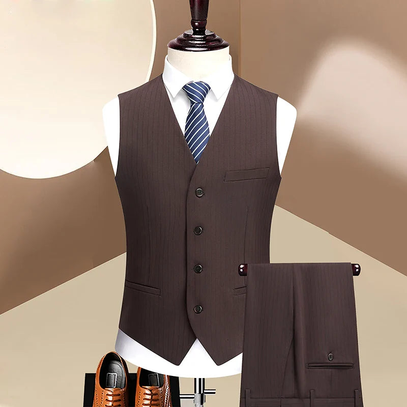Wedding suit 3 Piece Striped wine red groom suit High-end business suit set Double-breasted dress