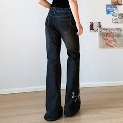 -Floral Embroidery Jeans Vintage 2000s Low Rise Flared Jeans Retro y2k Baggy Denim Pants High Street Basic Trousers