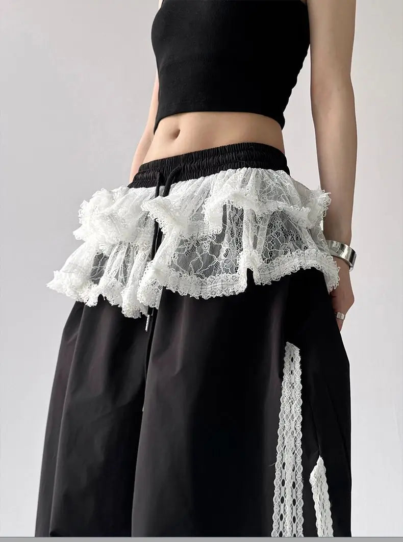 American retro trend patchwork lace skirt casual wide leg pants Y2K millennium pants emo