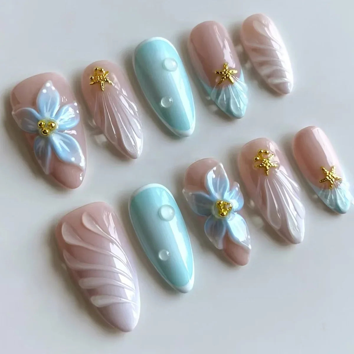 24Pcs Blue Almond Press on Nails with 3D Pearl Design Mid-length Oval False Nails Tips Bow Pattern Wearable Fake Nail