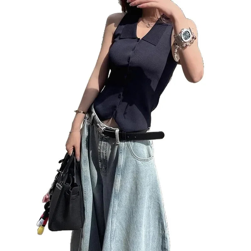 American Style High Waist Wide Leg Denim Jeans Retro Knife Edge Loose Fit Floor Length Pants