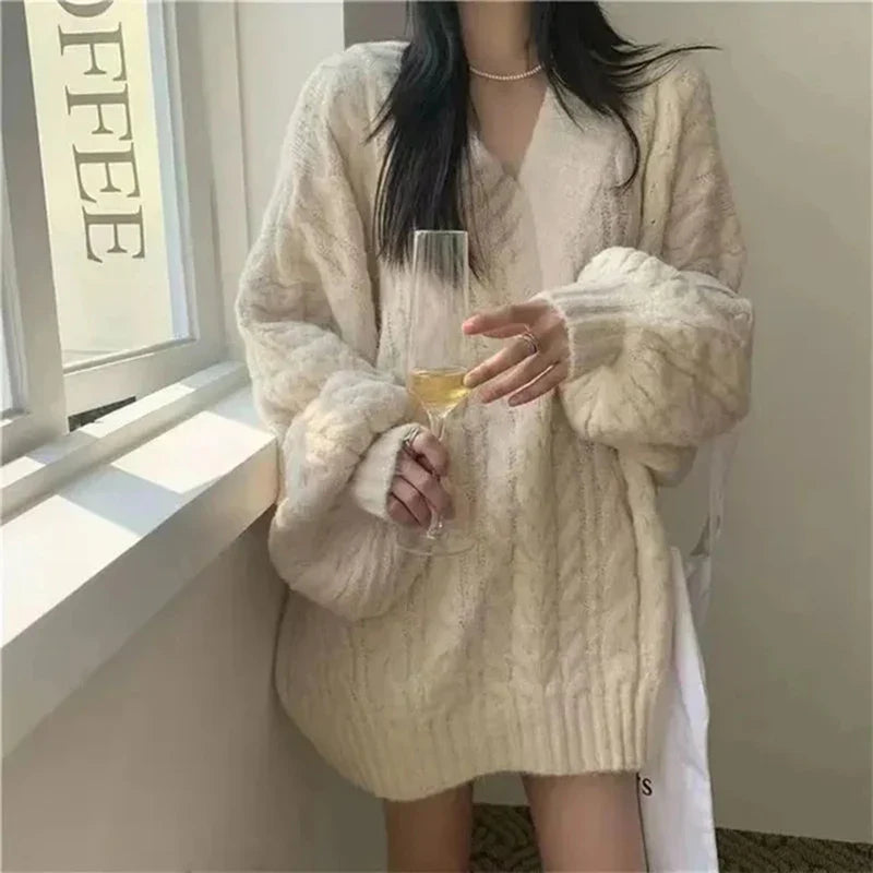 Sweater Harajuku Oversized Knitted Pullovers Korean Long Sleeve V Neck Knitwear Preppy Solid Loose Jumper
