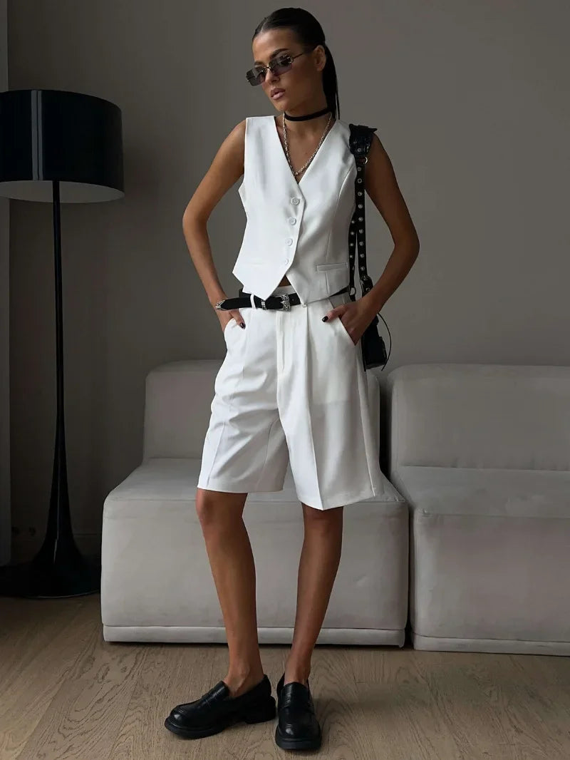 Wolfeel Womem Chic Vest Shorts Suit Two-Piece Set Office Ladies Chic 2 Piece Sets Outfits