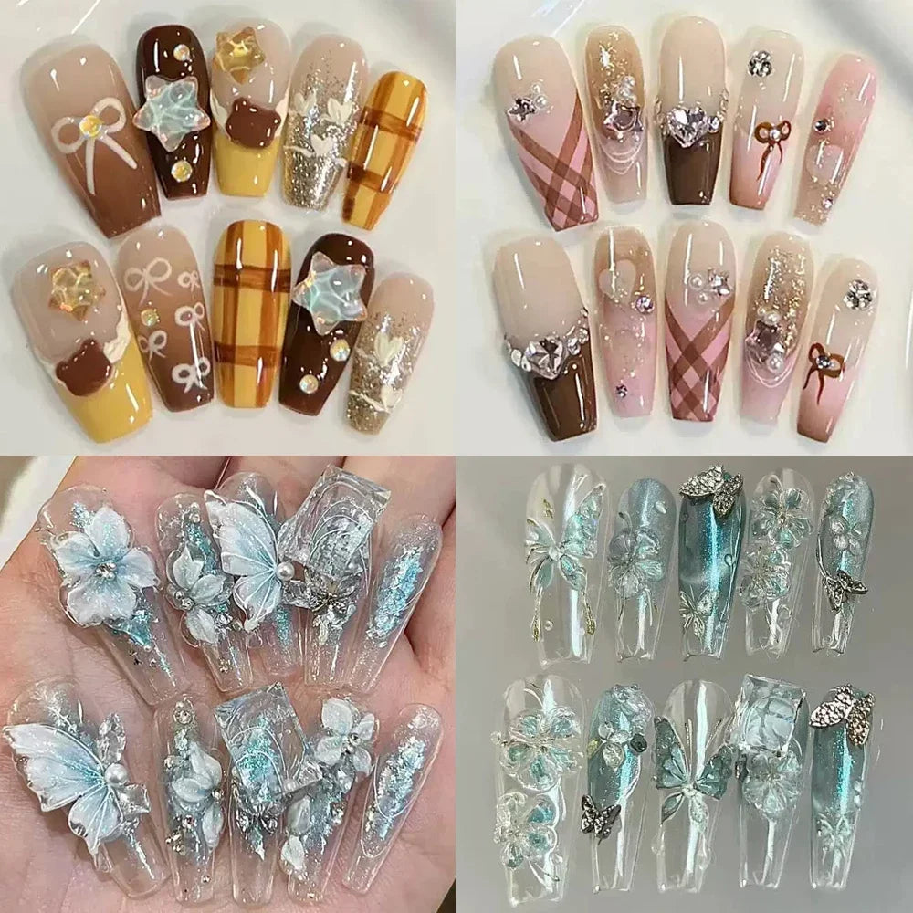 10Pcs Gentle Handwork Press On Nails French Style Flowers Butterfly Rhinestone Pearl Design Detachable False Nails Gift