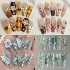 10Pcs Gentle Handwork Press On Nails French Style Flowers Butterfly Rhinestone Pearl Design Detachable False Nails Gift