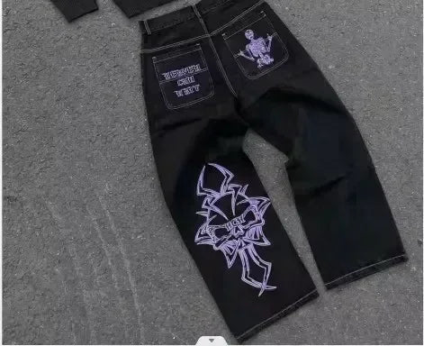 Y2K American Embroidery Diamond Retro Punk Low Waist Casual Jeans Blue Jeans Wings Pattern High Street Slim Leg Pants