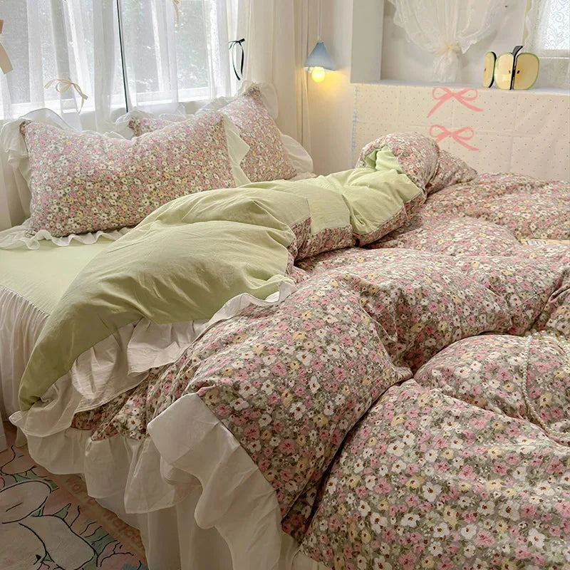 1.5/1.8 Korean Style 100% Cotton Fitted Sheet Sets with Lace Flower Print Bedding Set