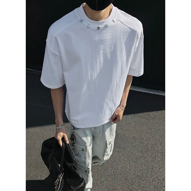 Tshirt Slim Fit Solid Color Round Neck t Shirt Button trim Casual Tee Shirt Lightweight Breathable Cotton Top