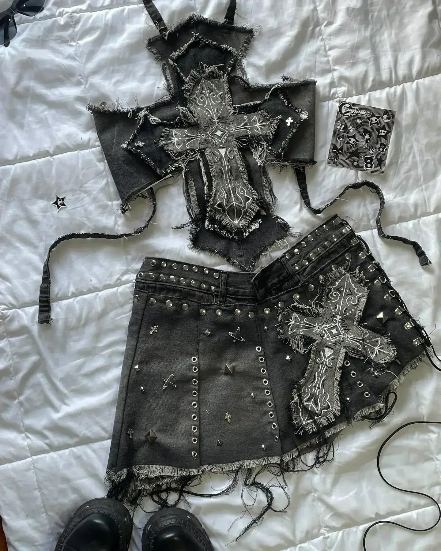 Y2K Black Leather Spliced Denim Two Piece Set Harajuku Zipper Long Sleeved Jacket Pleated Skirt Motorcycle Suit
