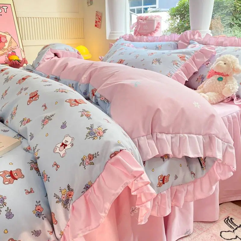 Cartoon Washed Cotton Bed Sheet Four-piece Set Non-cotton Thickened Brushed Quilt Cover Bed Skirt Style Princess Style Bedroom