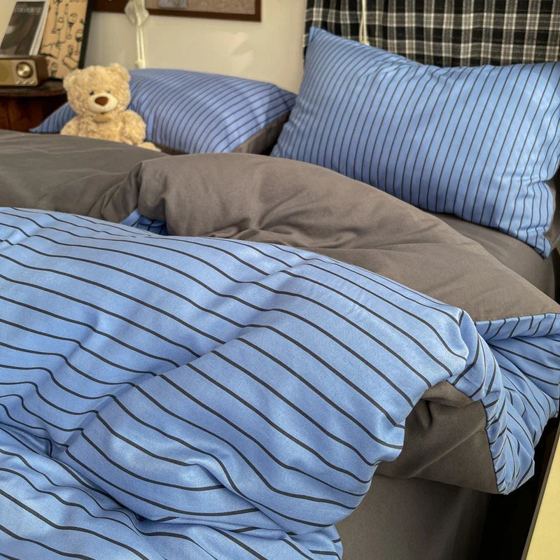 Three-piece striped checkered down quilt set, including a down quilt cover