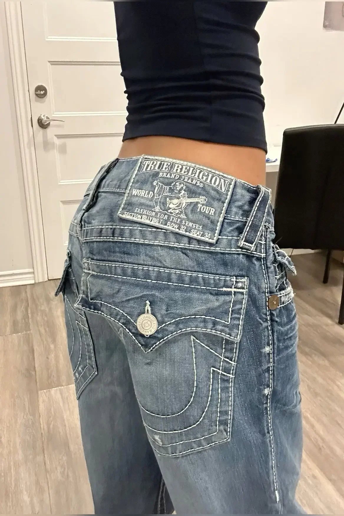 Harajuku Gothic Retro Pocket Embroidered Blue Baggy Jeans Buddha Embroidery Logo Jeans Y2K Low Waist Wide Leg Trousers