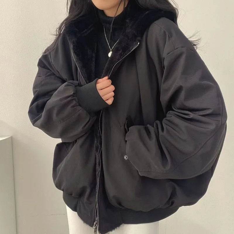 Korean Style Fleece-lined Thickened Double-sided Wear Lamb Wool Cotton-padded Coat Clothing Loose-fit Hooded Top
