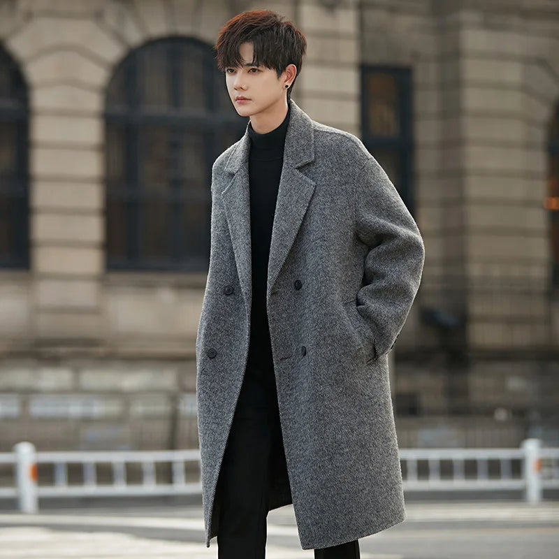 Fall Double Faced Wool Overcoat Loose Collar High End Outerwear Mid Long Length Coat Blends
