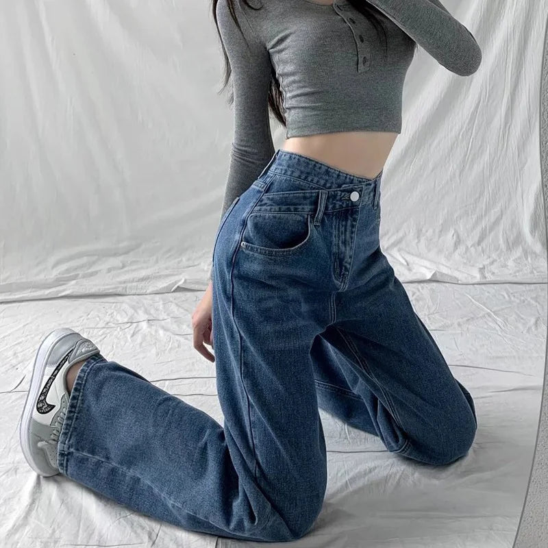 1970s Retro Crossbody High-waist Slimming Drag-on Straight-crotch Long Pants Cotton Material
