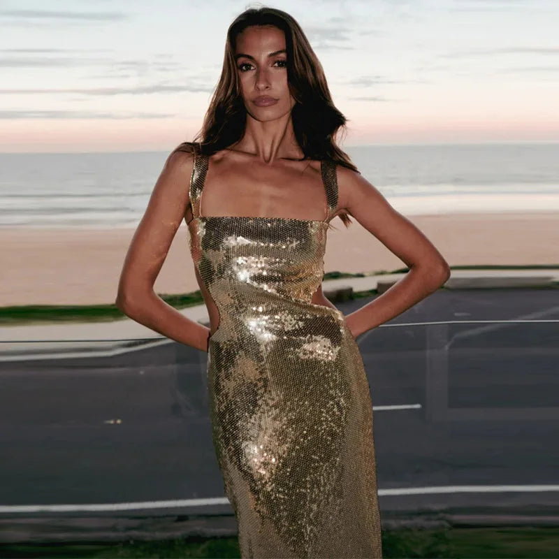 Sling Backless Silvery Maxi Dress