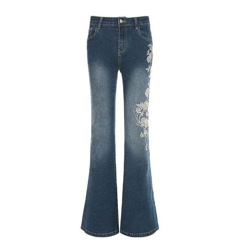 Flare Pants Jeans Embroidery Boot Cut Low Waist Washed Distressed Pockets Floor Length Streetwear Denim Trousers