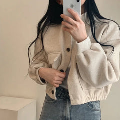 Loose Woolen Coat Large Size with Pockets Small Stand Collar Long Sleeve Button Hong Style Clothing