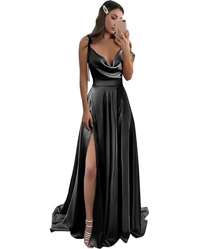 Satin Prom Dresses Pockets Draped Neck Long