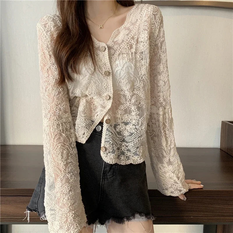 Vintage Lace Blouses See Through Sheer Long Sleeve Sun Shirts Korean Style Casual Sun Protection Ladies Tops