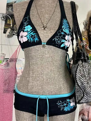 Vintage Flower print Cutie set Bikini 2000s Swimsuit Bathing Halter Strap Swimwear High Street Beach Female