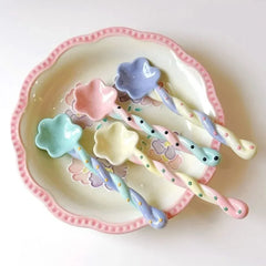 Ceramics Long Handled Spoon Instagram Style Household Stirring Spoon Hand Painted Flower Shaped Coffee Spoon