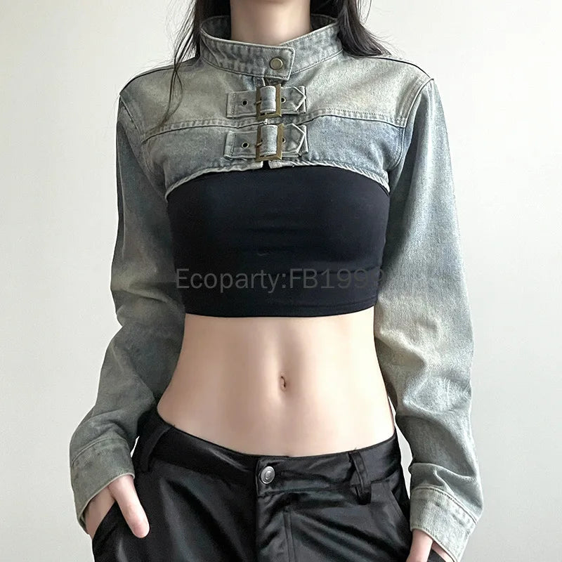 Denim Jacket Y2K Vintage Crop Tops Coat Japanese Harajuku Streetwear Outerwear