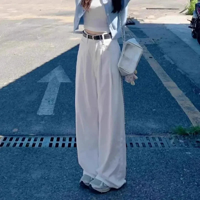 High Waist Wide Leg Jeans Loose Style White Denim Pants Straight Floor-Length Design