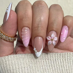 24Pcs Mid-length 3D Flowers Design Fingertips Sweet Butterfly Yellow Ripple Almond False Nails Detachable Full Cover Press Ons