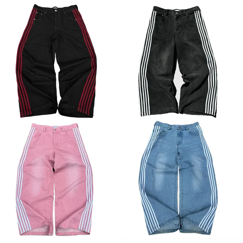 Y2K Baggy Jeans Embroidered Striped Harajuku Sweatpants Hip Hop streetwear Casual wide leg Denim Pants