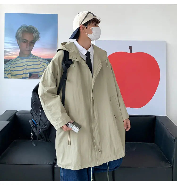 jacker Loose Fit Casual Hooded Jacket Outdoor Coat Mid-length jacket man