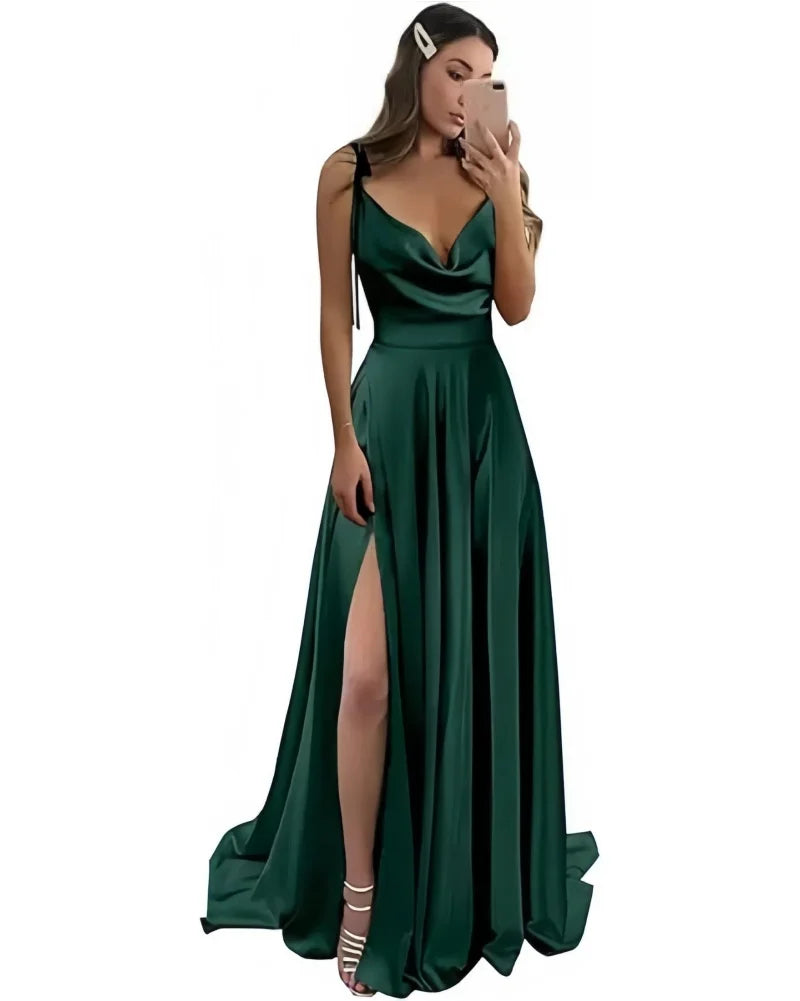 Satin Prom Dresses Pockets Draped Neck Long
