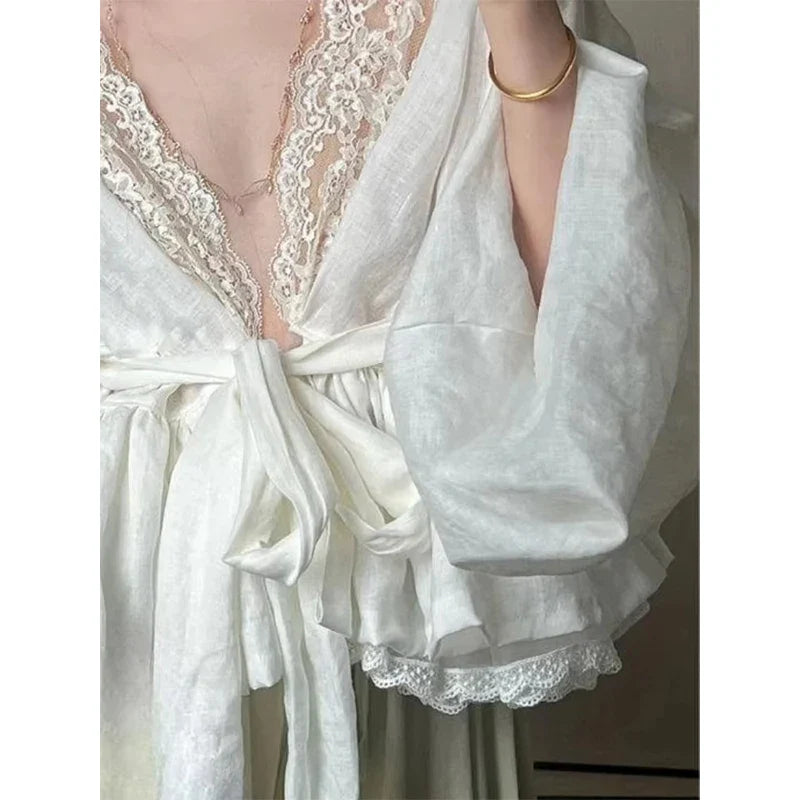 Elegant Lace Shirts Vintage V Neck Bandage Blouses Fairy Korean Patchwork Long Sleeve Casual Design Tops New