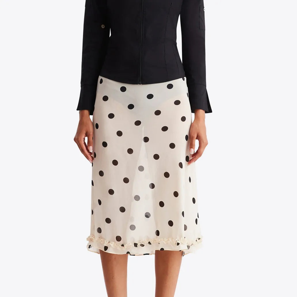 Y2k Fairy Coquette Skirts Dress Midi Skirt See Through Low Rise Ruffled Hem Dot Pattern White Black Mesh Sheer Skirt