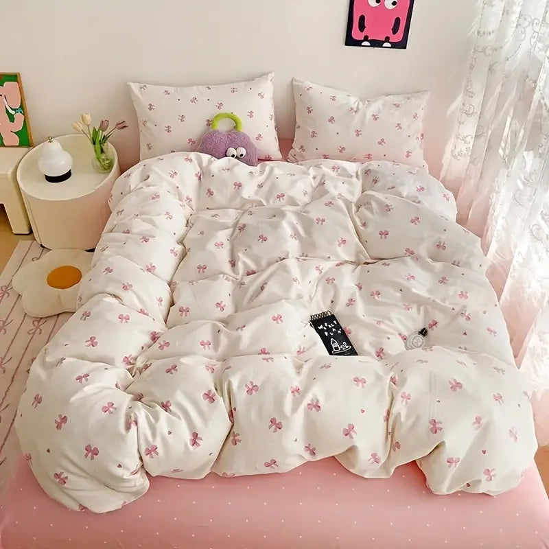 3pcs Pink Bow Duvet Cover Set with 2 Pillowcases, Cozy