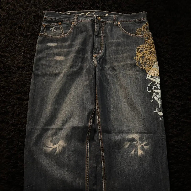 American Oversize Pattern Embroidered Baggy Jeans Y2K Gothic Harajuku Hip Hop Straight High Waist Wide Leg Pants