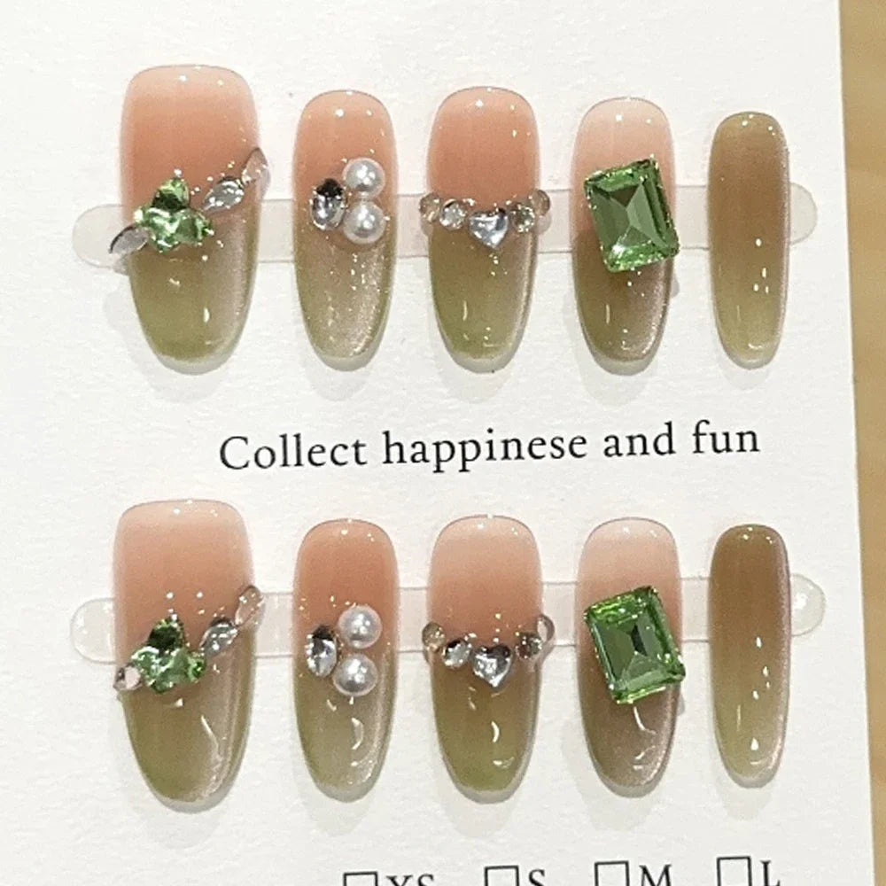 Sweet Lovely Cartoon Bear Long Coffin Stiletto Fake Nails Bowknot Pearl Diamond Flowers Cat Eyes Wearable Fake Nails